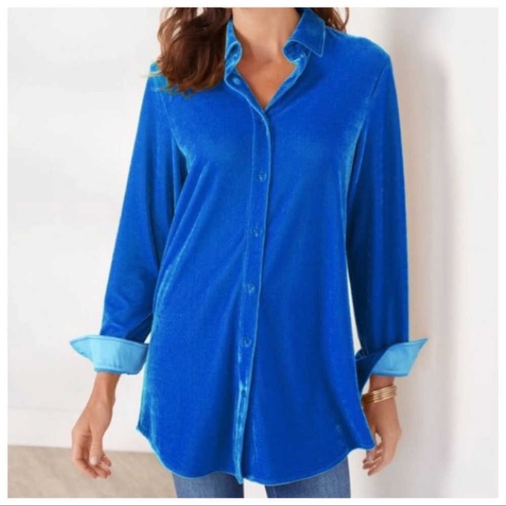 Soft Surroundings Velvet Boyfriend Shirt in Coastal Blue